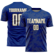Laden Sie das Bild in den Galerie-Viewer, Custom Royal White-Old Gold Curve Lines Sublimation Soccer Uniform Jersey
