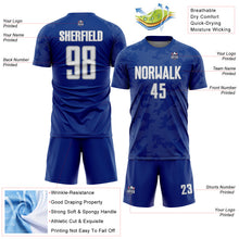 Load image into Gallery viewer, Custom Royal White-Gray Curve Lines Sublimation Soccer Uniform Jersey
