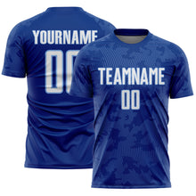 Laden Sie das Bild in den Galerie-Viewer, Custom Royal White-Light Blue Curve Lines Sublimation Soccer Uniform Jersey
