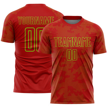 Custom Red-Neon Green Curve Lines Sublimation Soccer Uniform Jersey