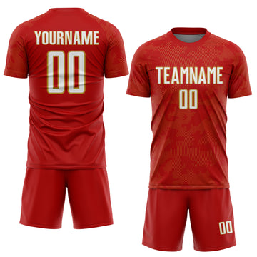 Custom Red White-Old Gold Curve Lines Sublimation Soccer Uniform Jersey