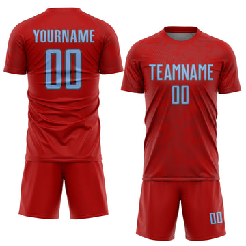 Custom Red Light Blue-Steel Gray Curve Lines Sublimation Soccer Uniform Jersey