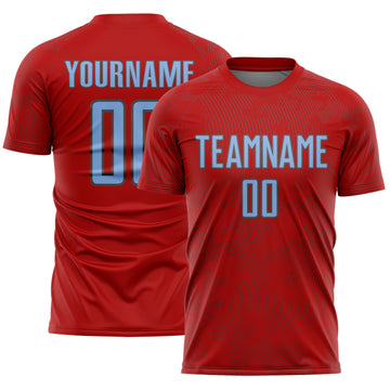 Custom Red Light Blue-Steel Gray Curve Lines Sublimation Soccer Uniform Jersey