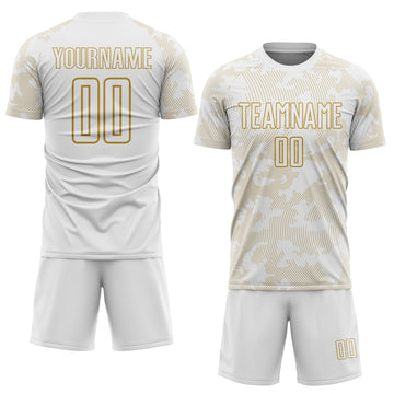 Custom White-Old Gold Curve Lines Sublimation Soccer Uniform Jersey