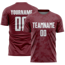 Laden Sie das Bild in den Galerie-Viewer, Custom Burgundy White-Gray Curve Lines Sublimation Soccer Uniform Jersey
