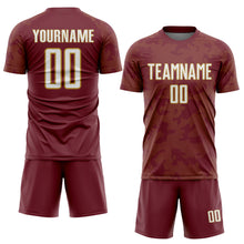 Laden Sie das Bild in den Galerie-Viewer, Custom Burgundy White-Old Gold Curve Lines Sublimation Soccer Uniform Jersey
