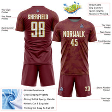 Laden Sie das Bild in den Galerie-Viewer, Custom Burgundy White-Old Gold Curve Lines Sublimation Soccer Uniform Jersey
