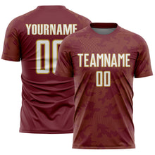 Laden Sie das Bild in den Galerie-Viewer, Custom Burgundy White-Old Gold Curve Lines Sublimation Soccer Uniform Jersey
