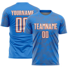 Laden Sie das Bild in den Galerie-Viewer, Custom Powder Blue White-Orange Curve Lines Sublimation Soccer Uniform Jersey
