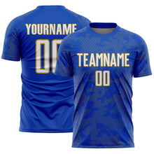 Laden Sie das Bild in den Galerie-Viewer, Custom Thunder Blue White-Old Gold Curve Lines Sublimation Soccer Uniform Jersey
