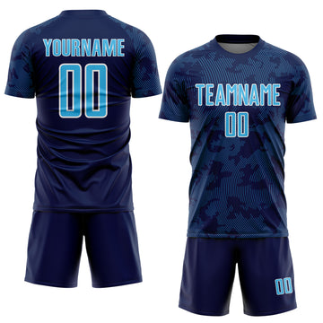 Custom Navy Sky Blue-White Curve Lines Sublimation Soccer Uniform Jersey
