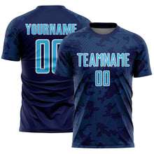 Laden Sie das Bild in den Galerie-Viewer, Custom Navy Sky Blue-White Curve Lines Sublimation Soccer Uniform Jersey
