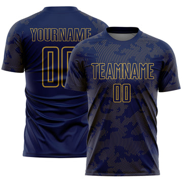 Custom Navy-Old Gold Curve Lines Sublimation Soccer Uniform Jersey