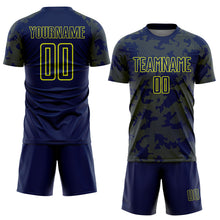 Load image into Gallery viewer, Custom Navy-Neon Yellow Curve Lines Sublimation Soccer Uniform Jersey
