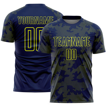 Custom Navy-Neon Yellow Curve Lines Sublimation Soccer Uniform Jersey