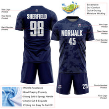 Load image into Gallery viewer, Custom Navy White-Silver Curve Lines Sublimation Soccer Uniform Jersey
