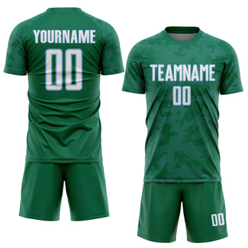 Custom Kelly Green White-Light Blue Curve Lines Sublimation Soccer Uniform Jersey