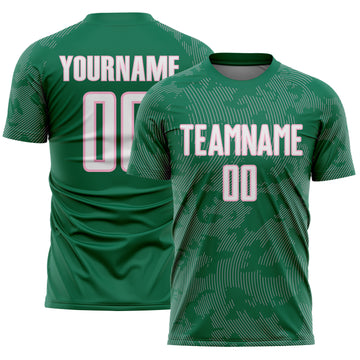 Custom Kelly Green White-Light Pink Curve Lines Sublimation Soccer Uniform Jersey