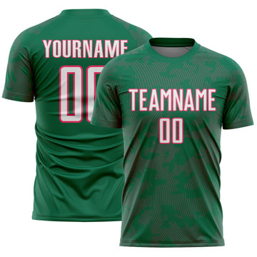 Custom Kelly Green White-Neon Pink Curve Lines Sublimation Soccer Uniform Jersey