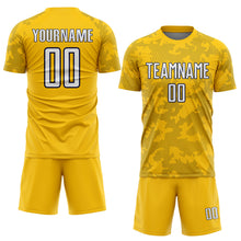 Load image into Gallery viewer, Custom Yellow White-Navy Curve Lines Sublimation Soccer Uniform Jersey
