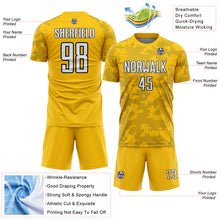 Load image into Gallery viewer, Custom Yellow White-Navy Curve Lines Sublimation Soccer Uniform Jersey
