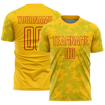 Custom Yellow Grass Green-Red Curve Lines Sublimation Soccer Uniform Jersey