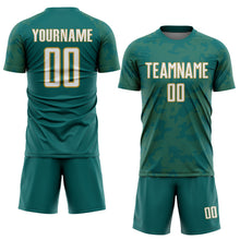 Load image into Gallery viewer, Custom Teal White-Old Gold Curve Lines Sublimation Soccer Uniform Jersey
