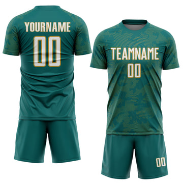 Custom Teal White-Old Gold Curve Lines Sublimation Soccer Uniform Jersey