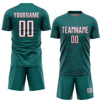 Custom Teal White-Crimson Curve Lines Sublimation Soccer Uniform Jersey