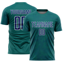 Load image into Gallery viewer, Custom Teal US Navy Blue-White Curve Lines Sublimation Soccer Uniform Jersey
