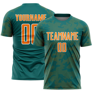 Custom Teal Bay Orange-White Curve Lines Sublimation Soccer Uniform Jersey