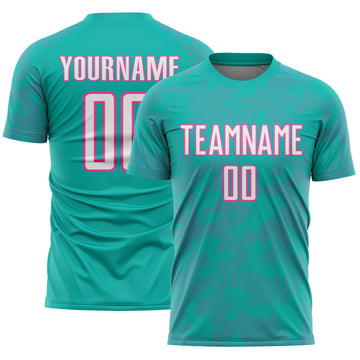 Custom Aqua White-Pink Curve Lines Sublimation Soccer Uniform Jersey