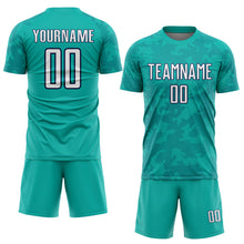 Load image into Gallery viewer, Custom Aqua White-Navy Curve Lines Sublimation Soccer Uniform Jersey
