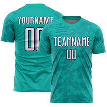 Load image into Gallery viewer, Custom Aqua White-Navy Curve Lines Sublimation Soccer Uniform Jersey
