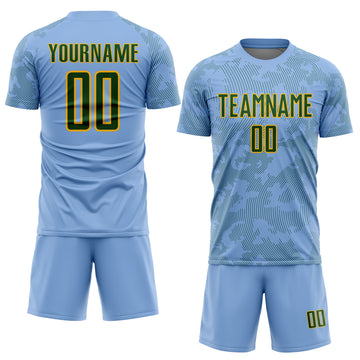 Custom Light Blue Green-Gold Curve Lines Sublimation Soccer Uniform Jersey