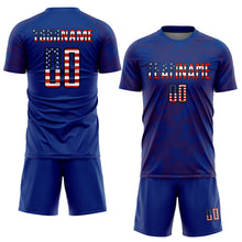 Load image into Gallery viewer, Custom Royal USA Flag Red-Black Curve Lines Sublimation Soccer Uniform Jersey
