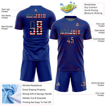 Load image into Gallery viewer, Custom Royal USA Flag Red-Black Curve Lines Sublimation Soccer Uniform Jersey

