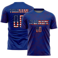 Load image into Gallery viewer, Custom Royal USA Flag Red-Black Curve Lines Sublimation Soccer Uniform Jersey
