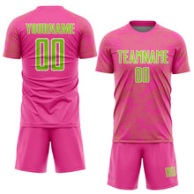 Laden Sie das Bild in den Galerie-Viewer, Custom Pink Neon Green-White Curve Lines Sublimation Soccer Uniform Jersey
