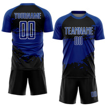 Laden Sie das Bild in den Galerie-Viewer, Custom Royal Black-White Splash Color Block Sublimation Soccer Uniform Jersey
