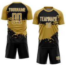 Load image into Gallery viewer, Custom Old Gold Black-White Splash Color Block Sublimation Soccer Uniform Jersey
