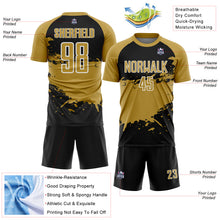 Load image into Gallery viewer, Custom Old Gold Black-White Splash Color Block Sublimation Soccer Uniform Jersey
