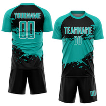 Load image into Gallery viewer, Custom Aqua Black-White Splash Color Block Sublimation Soccer Uniform Jersey
