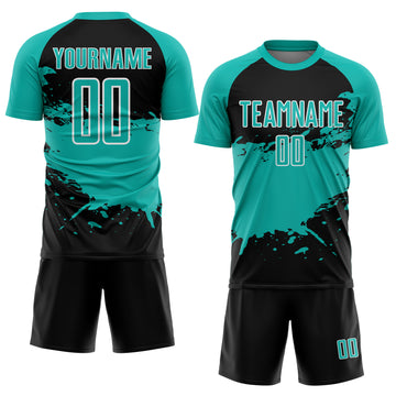 Custom Aqua Black-White Splash Color Block Sublimation Soccer Uniform Jersey