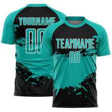 Load image into Gallery viewer, Custom Aqua Black-White Splash Color Block Sublimation Soccer Uniform Jersey

