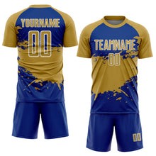 Загрузить изображение в средство просмотра галереи, Custom Old Gold Royal-White Splash Color Block Sublimation Soccer Uniform Jersey

