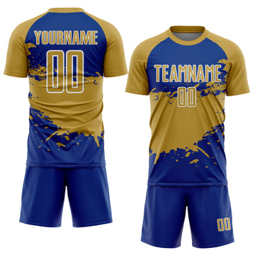 Custom Old Gold Royal-White Splash Color Block Sublimation Soccer Uniform Jersey
