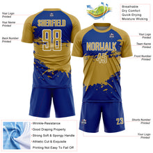 Загрузить изображение в средство просмотра галереи, Custom Old Gold Royal-White Splash Color Block Sublimation Soccer Uniform Jersey
