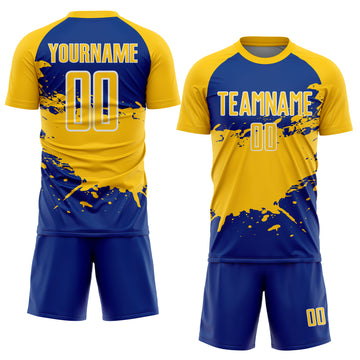 Custom Yellow Royal-White Splash Color Block Sublimation Soccer Uniform Jersey