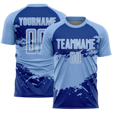 Charger l'image dans la galerie, Custom Light Blue Royal-White Splash Color Block Sublimation Soccer Uniform Jersey
